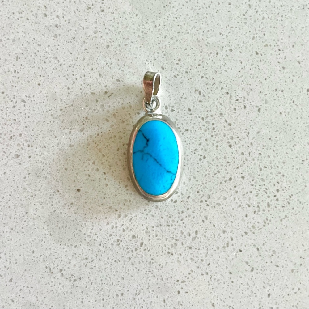 Blue Dyed Howlite Egg Shaped Oval Mexican 925 Silver Pendant Boho Southwest